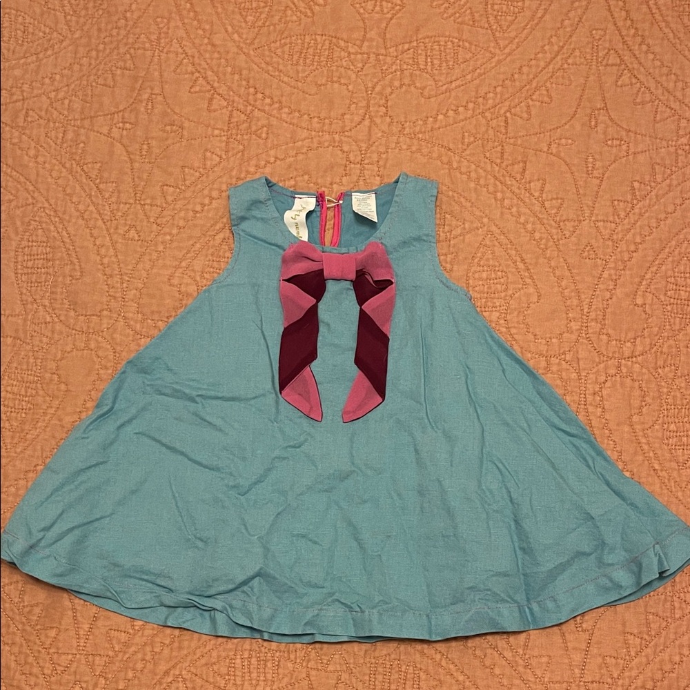 Matilda Jane Baby Girls Blue Linen Dress with Pink Bow - 12M